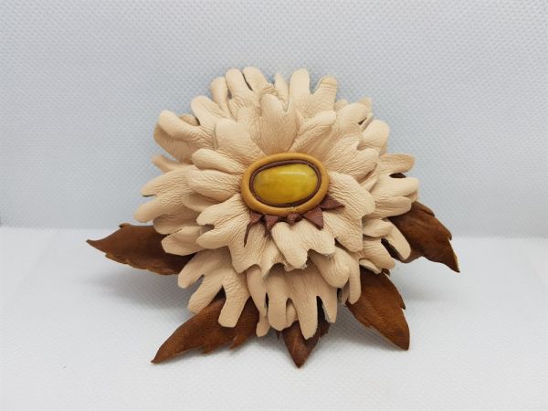 Brooch beige leather and amber, handmade